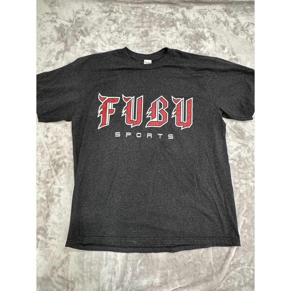 Fubu Sports T-Shirt Men's Size 2XL Black Short Sleeve Y2K Embroidered Sleeve EUC